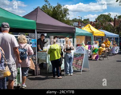 Le persone curiosano tra le bancarelle di un mercato artigianale del villaggio in una soleggiata giornata estiva a Billingshurst, West Sussex, Regno Unito. Foto Stock