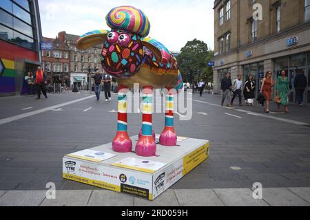 Newcastle, Regno Unito. 17 luglio 2023. Shaun the Sheep on the Tyne, 50 sculture decorate individualmente del personaggio saranno collocate in strade, parchi e aree pubbliche per 10 settimane, da lunedì 17 luglio a venerdì 22 settembre 2023. Shaun the Sheep on the Tyne viene presentato e raccolto fondi per il St Oswald's Hospice. L'organizzazione benefica ha collaborato con i produttori creativi Wild in Art, il creatore di Shaun the Sheep Aardman. Credito: DEW/Alamy Live News Foto Stock