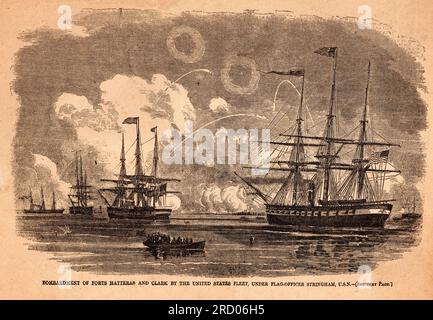 Illustrazione da Harper's Weekly 27 agosto 1861 del bombardamento di ft. Hatteras e Clark, della US Fleet sotto il Flag Officer Sila Horton Strigham. Foto Stock