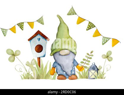 Nano del giardino con casa degli uccelli in erba verde acquerello pittura a cartoni animati per cartoline. Grazioso disegno GNOME aquarelle Foto Stock