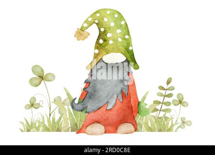 Nano da giardino in erba verde acquerello pittura a cartoni animati per cartoline. Grazioso disegno GNOME aquarelle Foto Stock