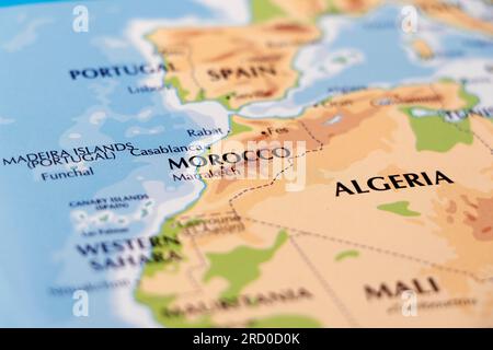 mappa mondiale del confine africano ed europeo, del marocco e dell'algeria in primo piano Foto Stock