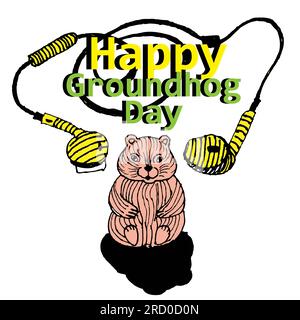felice giornata di arcobaleno con le cuffie e il suo vettore d'ombra, isolare, emblema, illustrazione Foto Stock