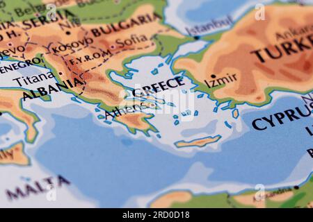 mappa mondiale del confine europeo, della grecia e dell'albania in primo piano Foto Stock