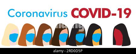 COVID 19 banner vettore Coronavirus con persone mascherate iodio senza maschera Stop Novel epidemia di Coronavirus covid-19 2019-nCoV sintomi a Wuhan Cina Foto Stock