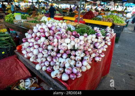 Mazzo di cipolle bianche e viola su uno stallo nel colorato mercato "Mercado Mayoreo" vicino allo Stadio Nazionale di Tegucigalpa con prodotti e bancarelle Foto Stock