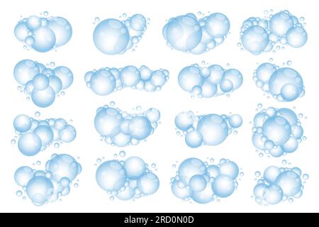 Bolle di schiuma di sapone. Bagnoschiuma di cartoni animati di shampoo. Illustrazione vettoriale isolata su sfondo bianco Illustrazione Vettoriale