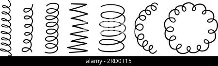 Set di molle a spirale disegnate a mano. Bobine flessibili Doodle, simboli a molla a filo. Icone a spirale in metallo. Illustrazione vettoriale isolata su sfondo bianco Illustrazione Vettoriale