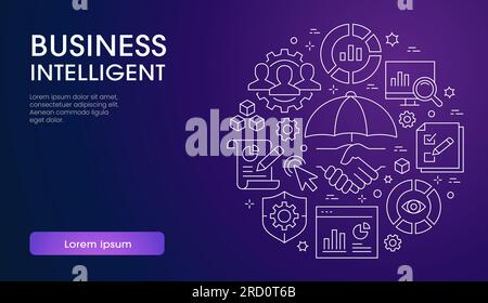 Modello banner Business Intelligence con icone lineari. Set di apprendimento automatico, scienza dei dati, gestione dei rischi, modellazione digitale e altro. Illustrazione Vettoriale