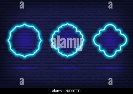 Cornice islamica del Ramadan. Forma dell'arco al neon vettoriale su sfondo scuro. Porta e finestra musulmana. Set di template luminosi arabi. Illustrazione Vettoriale