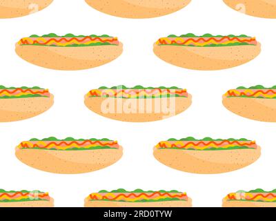 Motivo hot dog senza cuciture. Salsiccia in panino con ketchup e senape. National Hot Dog Day. L'hot dog è un popolare fast food. Design per striscioni, poster Illustrazione Vettoriale