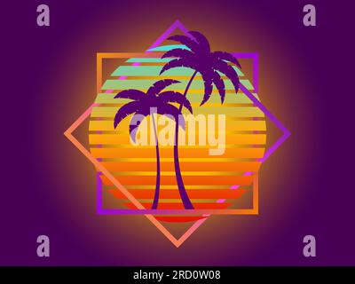 Palme fantascientifiche retrò degli anni '80 al tramonto in una cornice quadrata. Sole retrò futuristico con palme. Stile Synthwave e Retrowave. Design dell'adver Illustrazione Vettoriale