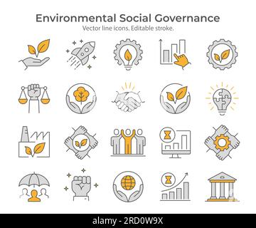 Icone piatte ESG, come l'ambiente la governance sociale, l'economia, la performance finanziaria, gli uomini di sviluppo sostenibile e altro ancora. Tratto modificabile. Illustrazione Vettoriale