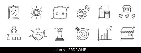 Set di icone per gli scarabocchi delle piccole e medie imprese. Icona di stile per schizzi disegnati a mano per aziende di piccole e medie dimensioni. Partenariato locale, strategia economica, concetto di franchising. Illustrazione vettoriale. Illustrazione Vettoriale