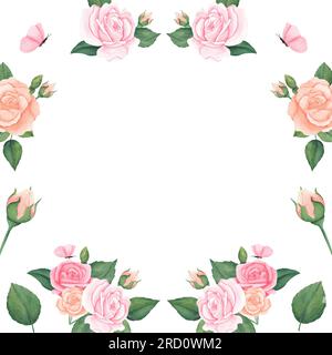 cornice ad acquerello di fiori rosa e pesca con foglie e boccioli. Illustrazione per inviti, buoni regalo, negozi di fiori. Foto Stock