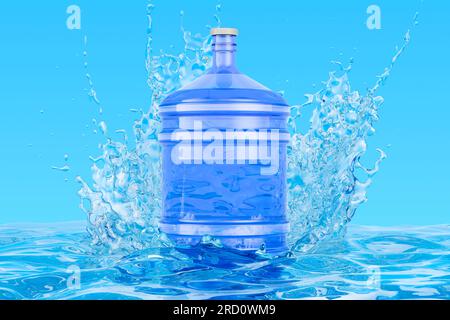 Acqua trasparente in bottiglia con spruzzi d'acqua trasparenti, rendering 3D. Foto Stock