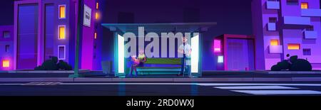 Stazione degli autobus al neon notturno con illustrazione vettoriale delle persone in attesa. Donna con cane seduto sulla panchina vicino all'autostrada sul marciapiede e uomo. Scena panoramica all'aperto con vista frontale dell'architettura del paesaggio urbano Illustrazione Vettoriale