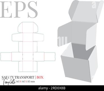 Modello scatola di trasporto di sicurezza, vettore con fustellatura, linee di taglio laser. Design creativo delle confezioni. Scatola corrugata aperta isolata bianca, trasparente, vuota Illustrazione Vettoriale