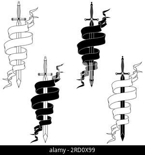 Design vettoriale della spada medievale europea, antica spada circondata da un nastro araldico Illustrazione Vettoriale