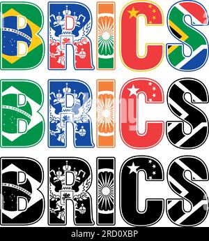 Bandiere sommitali BRICS simboli con colori e illustrazione vettoriale in bianco e nero Illustrazione Vettoriale