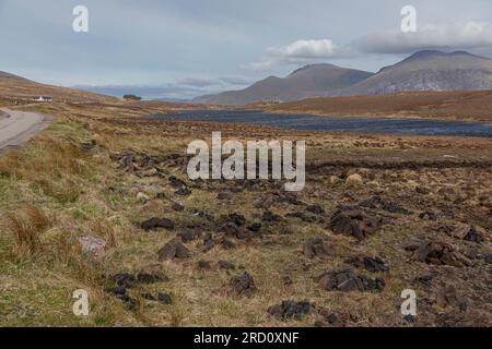 Guardando un lago con la torba accumulata in primo piano e una piccola strada che conduce in lontananza Foto Stock