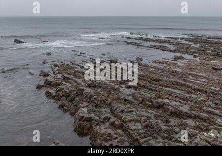 Rocce che si estendono in mare in una fredda giornata grigia Foto Stock