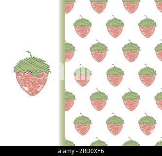 Clipart alla fragola e fascio di motivi senza cuciture. Simpatico design a forma di cartone animato disegnato a mano. Effetto ricamo colorato. Colore bianco crema Illustrazione Vettoriale