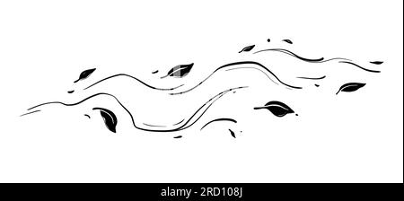 Set di schizzi per la linea di doodle del vento delle foglie. Movimento del vento a doodle disegnato a mano, soffiaggio ad aria, elementi che cadono dalle foglie. Disegnare aria, concetto autunnale di caduta. Illustrazione vettoriale isolata. Illustrazione Vettoriale
