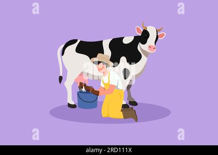 Personaggio piatto che disegna un giovane agricoltore maschio che munge una mucca nel secchio. Mucche da riproduzione. Ranch o fattoria. Bestiame o bestiame. Produzione di prodotti lattiero-caseari Foto Stock