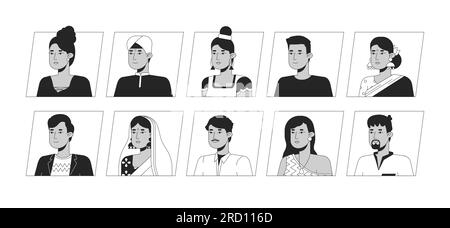 Pacchetto di icone avatar cartoni animati in bianco e nero per cartoni animati indiani graziosi Illustrazione Vettoriale