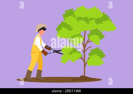 Cartone animato disegno stile piatto giardinaggio rifinisce pianta in giardino, uomo taglio albero in parco. Cesoie per potatura per il taglio di fogliame, lavoratore che modella il giardino, planti Foto Stock