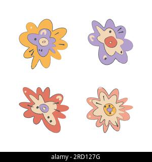 Set di clipart per forme organiche di fiori astratti. Design a cartoni animati Dodle a mano. Grazioso arredamento floreale in rete. Effetto pennello a matita. Giallo brillante Illustrazione Vettoriale