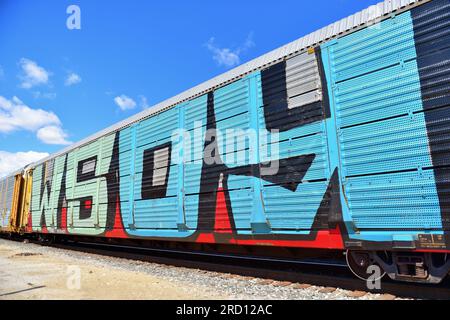 Franklin Park, Illinois, USA. Un'auto da trasporto su rack la cui proprietà non può più essere facilmente determinata a causa dei graffiti su larga scala. Foto Stock