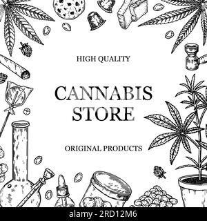 Design quadrato cannabis per packaging, post sui social media, decorazione di negozi, branding, certificati. Illustrazione vettoriale di marijuana in stile schizzo. Orlo Illustrazione Vettoriale