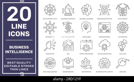 Set di 20 icone di linea moderne, basate su strategia, gestione, sistema, business intelligence. Semplici pittogrammi monocromatici e simboli di progettazione infografica Illustrazione Vettoriale