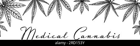 Design orizzontale cannabis per packaging, post sui social media, decorazione di negozi, branding, certificati. Illustrazione vettoriale di marijuana in stile schizzo. Illustrazione Vettoriale