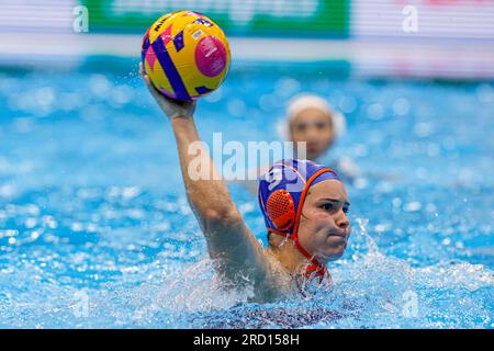 Fukuoka, Giappone. 18 luglio 2023. FUKUOKA, GIAPPONE - 18 LUGLIO: Durante la partita di pallanuoto femminile del World Aquatics Championships 2023 tra Kazakistan e Paesi Bassi il 18 luglio 2023 a Fukuoka, Giappone (foto di Albert Ten Hove/Orange Pictures) credito: Orange Pics BV/Alamy Live News Foto Stock