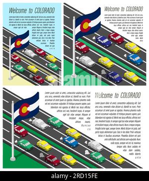 Bandiera isometrica dello stato americano del Colorado su flagpole che fluttua in vento. Attraversamento del confine con il Colorado in auto. Informazioni orizzontali, quadrate e. Illustrazione Vettoriale
