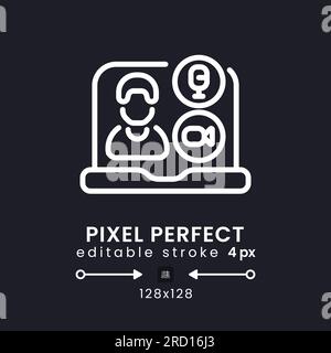 Videoconferenza icona bianca del desktop lineare in nero Illustrazione Vettoriale