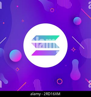 Icona della moneta con il logo Solana. Icona del vettore token di criptovaluta solana isolata. Banco cripto catena Sol blockchain. Illustrazione Vettoriale