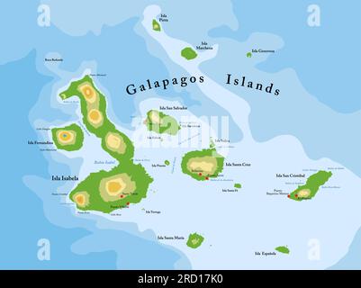 Mappa fisica altamente dettagliata delle isole Galapagos in formato vettoriale, con tutte le forme di rilievo, le regioni e le grandi città. Illustrazione Vettoriale
