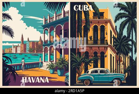 Poster delle destinazioni di viaggio per l'Avana, Cuba, Caraibi Illustrazione Vettoriale