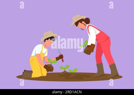 Cartoni animati in stile piatto disegnando coppie felici agricoltori che piantano riprese di piante nel terreno. Avviare il periodo di semina degli alberi. Agricoltore con nat biologico Foto Stock