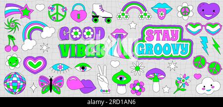 Set di adesivi hippie groovy anni '70. Cartoni animati dai colori brillanti al neon: Fiori, amore, arcobaleno, pace, cuore, daisy, fungo, occhio. Arrivo psichedelico Illustrazione Vettoriale