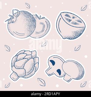 Illustrazione vettoriale di adesivi vegetariani, schizzo di contorno linea, verdure, pomodori, carciofi, limone, funghi Illustrazione Vettoriale