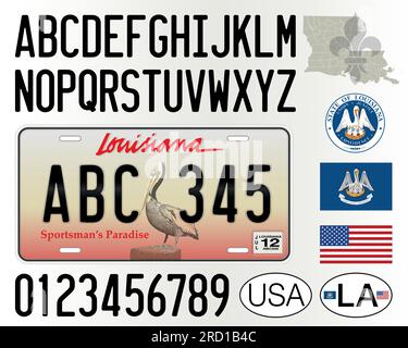 Modello di targa della Louisiana State Car, lettere, numeri e simboli, illustrazione vettoriale, USA Illustrazione Vettoriale