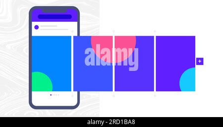 Concetto di progettazione dei social media. Smartphone con interfaccia carosello post sui social network. Illustrazione Vettoriale