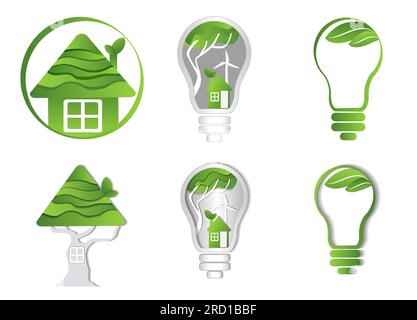 Set di icone simbolo di energia verde, casa pulita, casa ecologica, città, concetto di casa ecologica, riciclaggio, protezione della natura e ambiente, eco Illustrazione Vettoriale