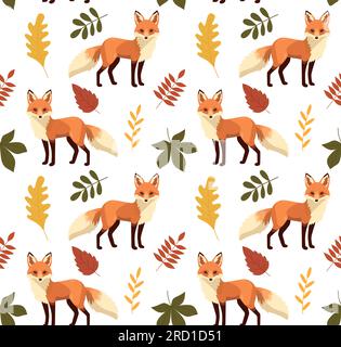 Modello senza cuciture con volpi carine con foglie autunnali. Sfondo infantile disegnato a mano con animali selvatici nella foresta. Texture per bambini senza fine per l'abbigliamento, Illustrazione Vettoriale