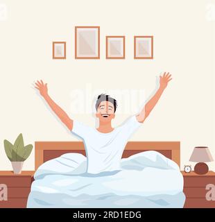 L'uomo del mattino si svegliò a letto felice. Illustrazione vettoriale del disegno dei cartoni animati. Illustrazione Vettoriale